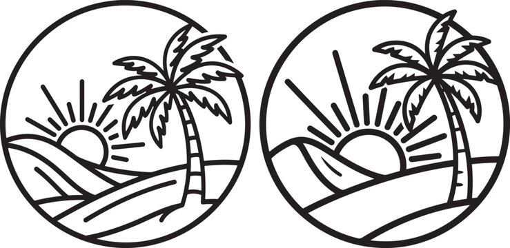 Two circular emblems with palm trees and a setting sun palm tree line art tropical vacation silhouette landscape paradise serenity relaxation coastline illustration minimalist