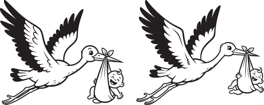 Two storks carrying babies in slings with hand drawn flying birds baby delivery newborn baby gift welcome baby illustration baby drawing baby sketch baby icon baby vector baby carrying