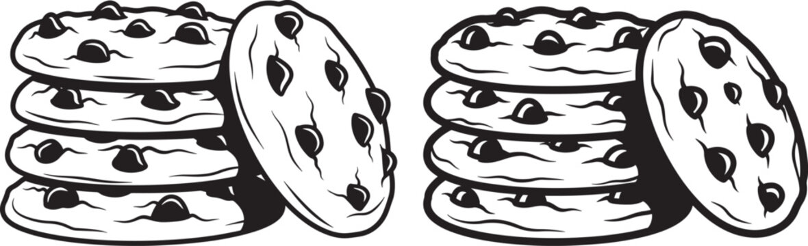 Two stacks of chocolate chip cookies with hand drawn comfort food junk food illustration cookie illustration dessert illustration snack illustration baking illustration stack illustration