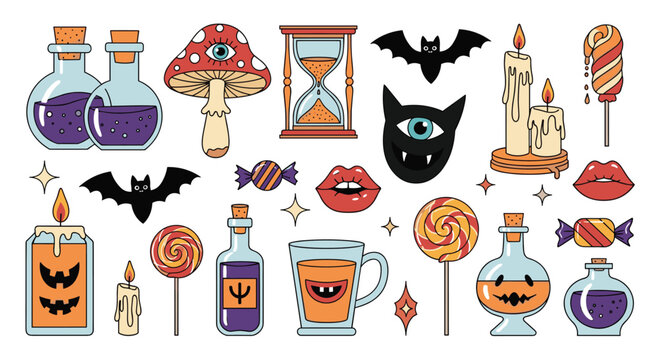 Large set of halloween and magical items including potions mushrooms bats candles and candy for spooky season.