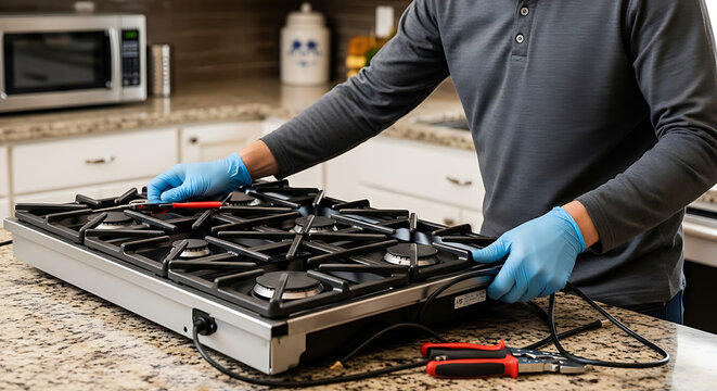Skilled technician performs professional maintenance on a kitchen gas range, ensuring appliance safety and function