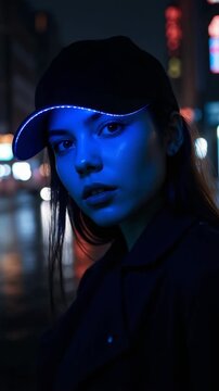Woman in urban night setting with neon blue light effect on face and clothing