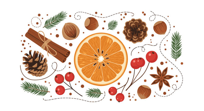 Traditional winter holiday arrangement with orange slice cinnamon sticks pine cones anise star and red berries.