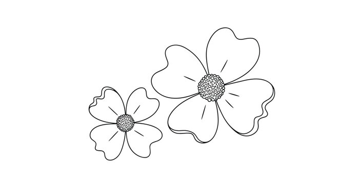 Hand drawn illustration of two dogwood flowers with detailed petals and centers isolated on a clean white background.