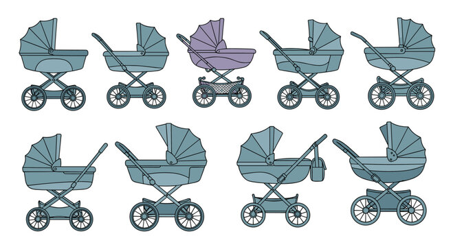 Assorted collection of baby strollers and prams in various designs and angles shown in a clean line art style.