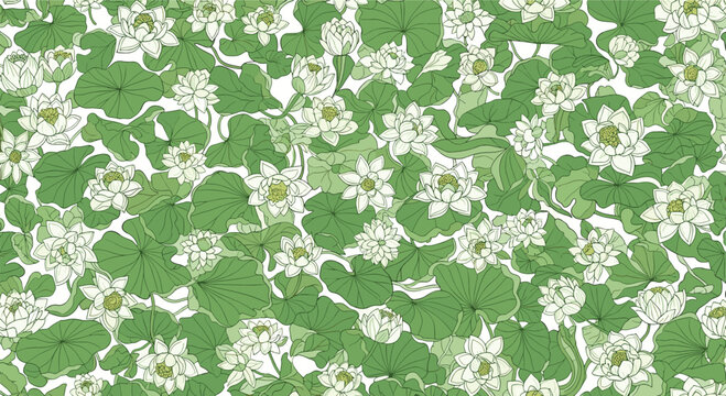 Intricate seamless pattern featuring numerous white lotus flowers and large green lily pads in a dense botanical garden arrangement.