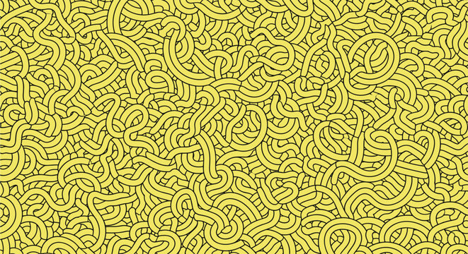 Vibrant yellow seamless background pattern filled with an intricate tangle of long curvy ramen noodles or spaghetti pasta.