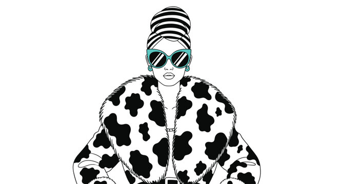 Stylish woman wearing a bold cow print faux fur coat and a black and white striped turban with turquoise sunglasses and bun.