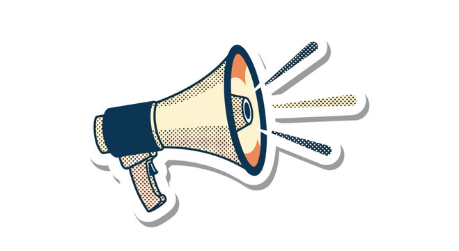 Vintage style megaphone sticker with bold black outlines and a halftone pattern showing loud shouting sound waves and noise.