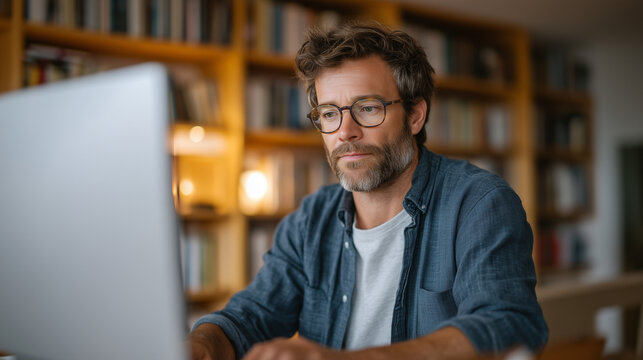 Deaf software developer leading remote sprint via digital whiteboard with ASL interpreter window embedded in collaboration interface, accessibility toolbar prominent, home office bookshelves lined w