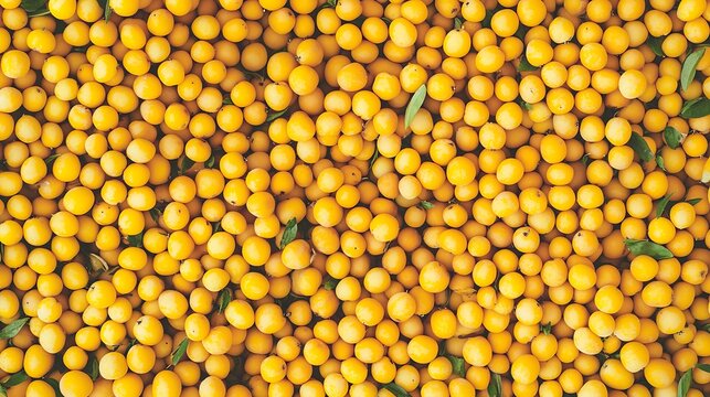 A large pile of fresh yellow loquats with green leaves