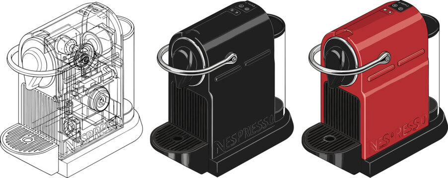 Illustration of Nespresso Coffee Machine in Different Color Variants with Detailed Design and Features for Kitchen Appliance Graphics