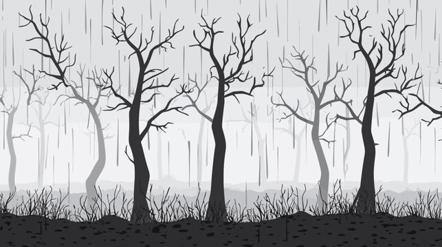 Black and white illustration of trees in a raining forest. Monochrome nature scene