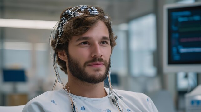 Medical patient wearing advanced neural interface headset during clinical trial session, electrodes monitoring brain activity patterns in sterile hospital environment with monitoring equipment,