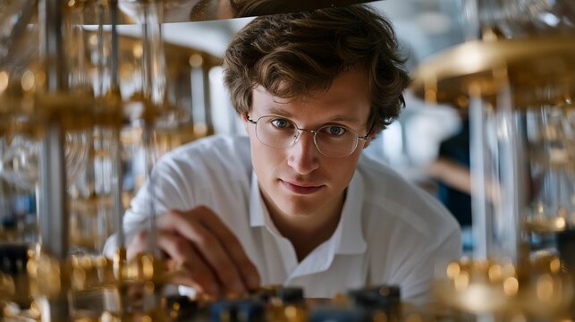 Quantum computer maintenance engineer inspecting superconducting circuits in cryogenic chamber, extreme cold creating visible condensation around dilution refrigerator components, perfect for