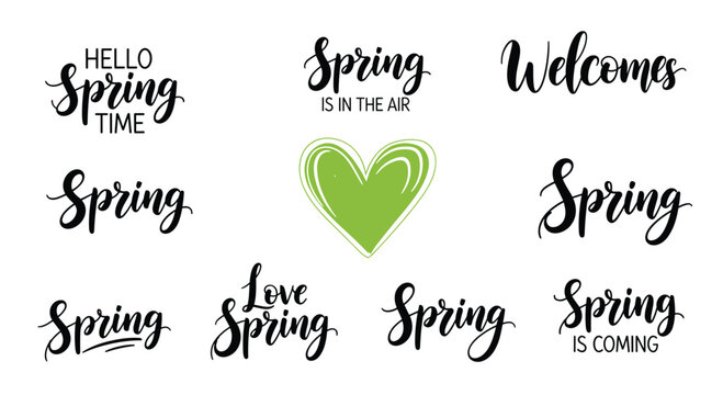 Spring season typography set includes multiple handwritten lettering styles and a green heart icon for seasonal greeting designs.
