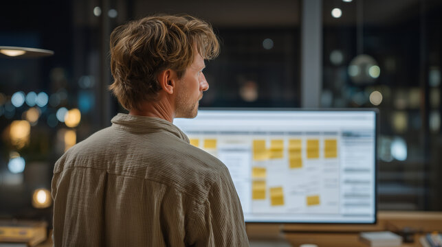 Remote UX team annotating digital whiteboard wireframes during distributed sprint planning session, sticky note clusters color-coded by sprint milestone, multiple time zone clocks visible on shared 