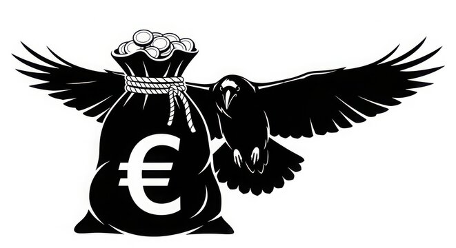 Black vulture carrying money bag with euro symbol