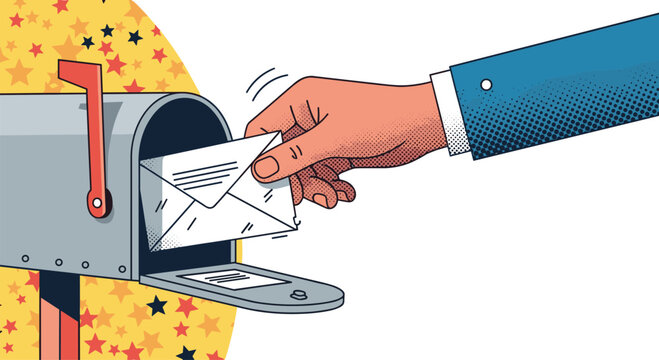 Hand puts a letter into a classic metal mailbox with a red flag against a background of yellow stars in a comic book style.