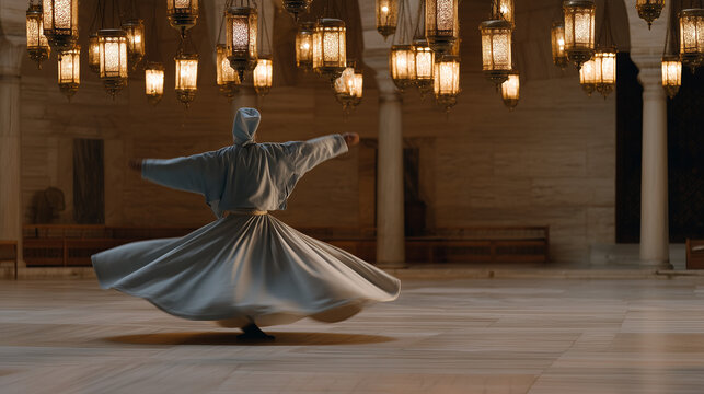Sufi whirling dervish mid-rotation in a centuries-old tekke with a stone floor, the empty hall lit only by hanging oil lanterns swaying gently, the figure a blur of motion against perfectly still ar
