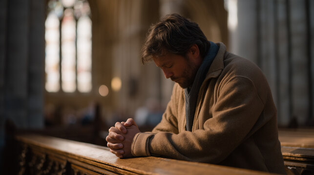 Grieving widower kneeling alone at a prayer rail in an empty cathedral at midday, summer light pouring through high clerestory windows onto polished stone floors, his hands clasped tightly over the 