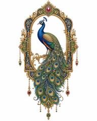 Fototapeta premium Peacock Framed By Pointed Golden Arch With Hanging Jewels And Floral Motifs