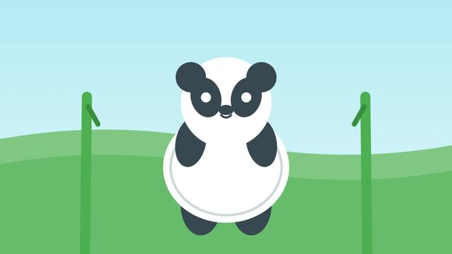 Cute cartoon panda character standing in a grassy meadow with bamboo stalks.