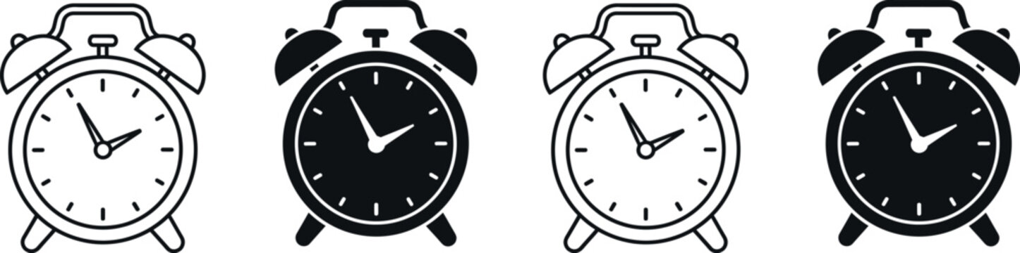 Set of four alarm clock icons in black and white with wake up schedule reminder punctuality illustration silhouette contrast timekeeping