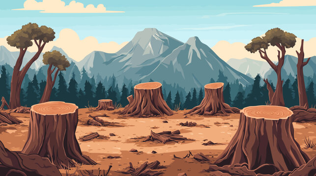 Pixelated illustration of a deforested area with tree stumps, mountains, and trees