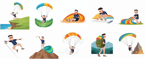 Paragliding Character Illustration Set Featuring Various Stages of Flight and Preparation © Haimura