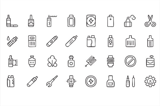 Vape Icons, Electronic Cigarette Device Vaporizer Line Set
