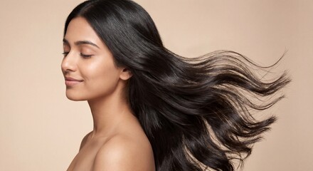 Naklejka premium indian woman with long silky hair flowing in studio luxury haircare concept, side profile beauty portrait with smooth shiny hair minimal makeup, healthy glossy hair indian model premium cosmetic adver