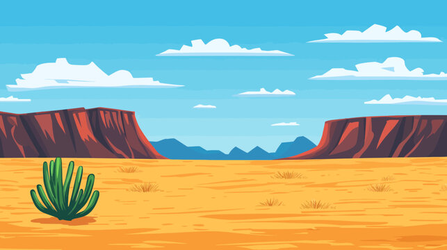 A pixelated desert landscape with sandstone formations, blue sky, clouds, and a cactus