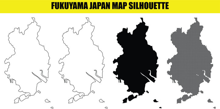 Fukuyama japan map silhouette vector collection highlighting hiroshima prefecture city borders in various ways.