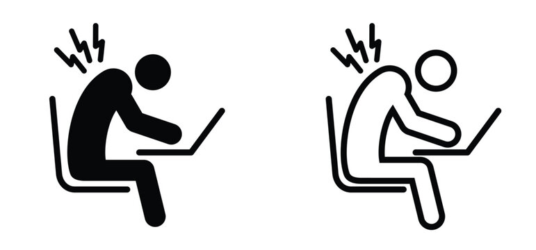 Prevent overload in the workplace. Cartoon myodynia or myalgia concept. Medicine and healthcare. Shoulder complaints at the desk. Sitting hunched over the computer.