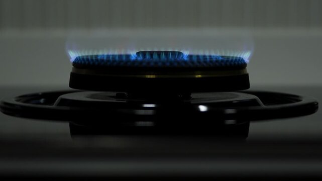 Blue gas flame on stove burner close up, vibrant fire detail, kitchen cooking heat, energy efficiency concept, modern gas appliance for culinary, home improvement and safety video background