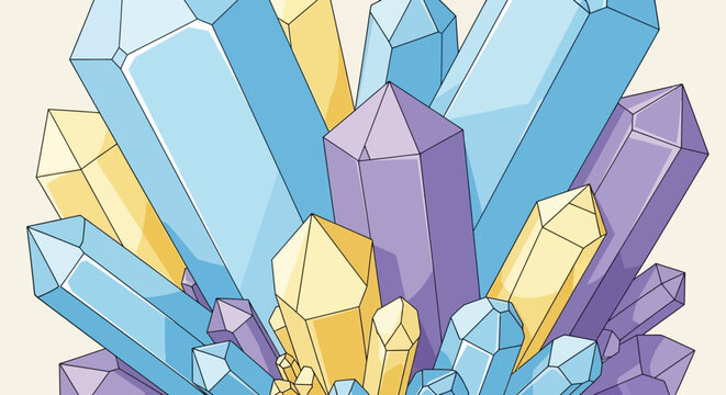 Colorful illustration of geometric crystals in various shapes and shades no comma at the end