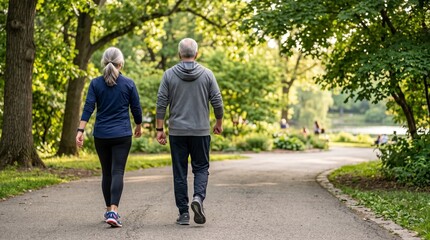 Obraz premium An elderly man and a woman walk along a path in a sunny park, leading an active lifestyle.