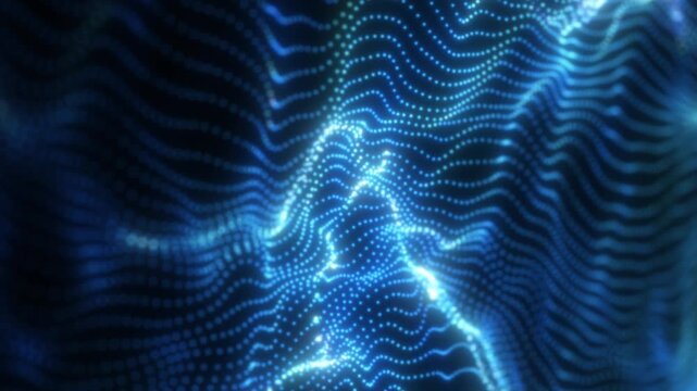 Futuristic blue particle landscape with glowing dotted wave patterns