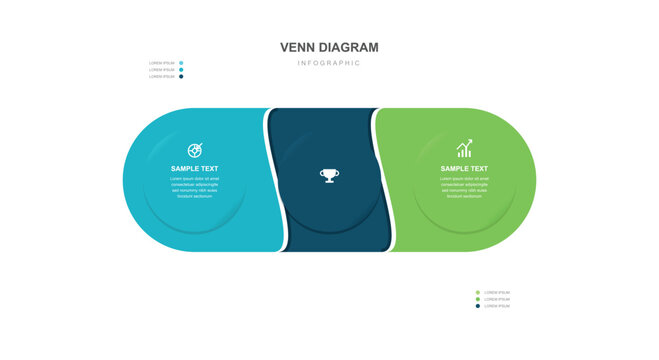 Professional Three Step Venn Diagram Infographic For Business Data Comparison Analysis Presentation Layout Featuring Green And Blue Overlapping Shapes Design