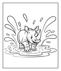 Hand drawn cartoon rhino jungle animal coloring page for kids black vector line art illustration