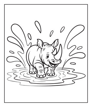 Hand drawn cartoon rhino jungle animal coloring page for kids black vector line art illustration