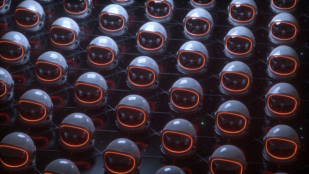 Repetitive pattern of astronaut helmets with glowing orange visors on a dark background.