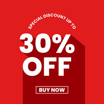 Sale banner thirty percent off text promoting retail discount on red background long shadow