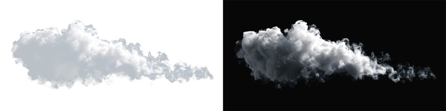 Realistic white smoke cloud set, atmospheric puff of steam or thick fog on white and black background