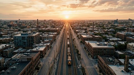 Fototapeta premium Aerial view of train tracks and cityscape during sunset, twilight.