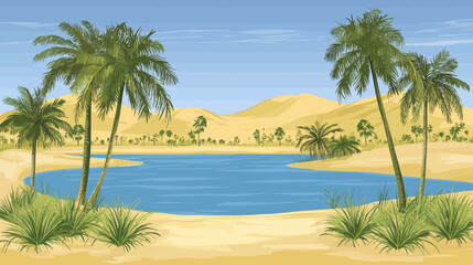 Fototapeta premium Pixelated illustration of an oasis scene with palm trees, a lake, and sand dunes