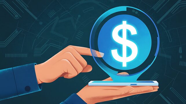 A Hand Holding a Smartphone Displaying a Digital Dollar Symbol, Representing Online Transactions and Financial Technology