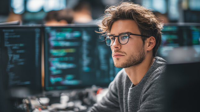 Focused programmer working on computer code with multiple screens in a modern tech environment.
