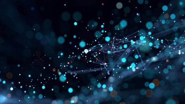 A dynamic cluster of glowing blue and orange particles interconnected in a complex network. Digital communication, abstract science, data transfer.